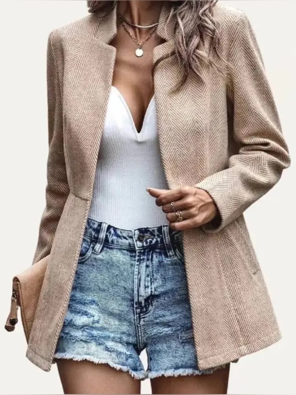 Beige Herringbone Women's Blazer Jacket